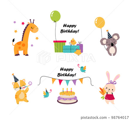 Cute Animal Characters Celebrating Birthday Holiday with Cake, Gift and Balloons Vector Set 98764017