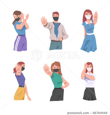 Man and Woman Wearing Medical Face Mask Showing Stop Virus Sign with Their Hands Vector Set Man and Woman Wearing Medical Face Mask Showing Stop Virus Sign with Their Hands Vector Set 98764048