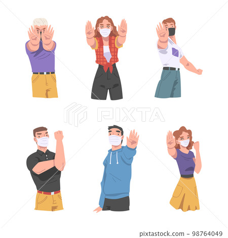 Man and Woman Wearing Medical Face Mask Showing Stop Virus Sign with Their Hands Vector Set Man and Woman Wearing Medical Face Mask Showing Stop Virus Sign with Their Hands Vector Set 98764049