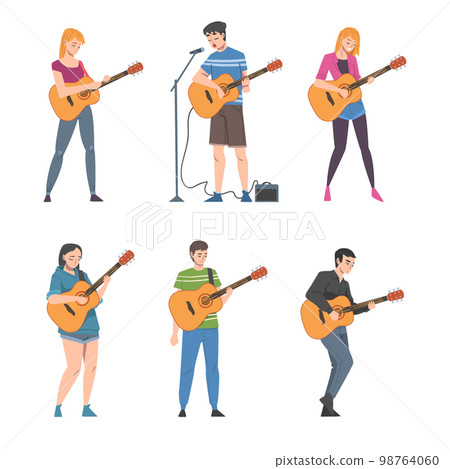 Young Man and Woman Musician Guitarist Character Playing Guitar Performing Street Concert Vector Set 98764060