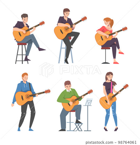 Young Man and Woman Musician Guitarist Character Playing Guitar Performing Street Concert Vector Set 98764061
