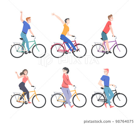 Happy People Characters on Bicycle Enjoying Vacation or Weekend Activity Vector Illustration Set 98764075