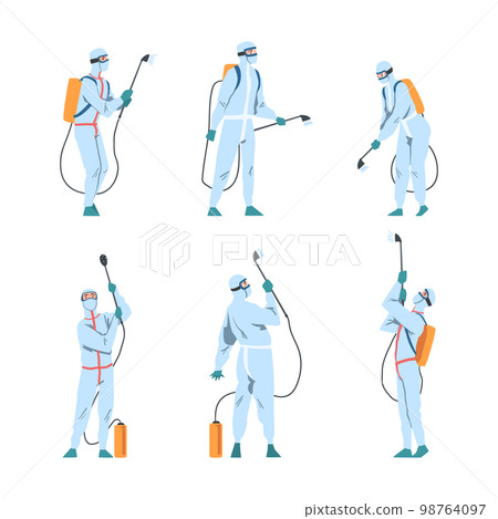 People in Protective Antiviral Suit Spraying Disinfectant Agent as Preventive Measure Against Spread of Coronavirus Disease Vector Set 98764097