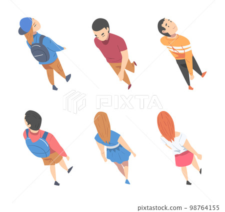 Top View on Going and Walking People Characters Vector Illustration Set Top View on Going and Walking People Characters Vector Illustration Set 98764155