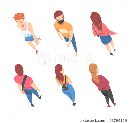Top View on Going and Walking People Characters Vector Illustration Set 98764159