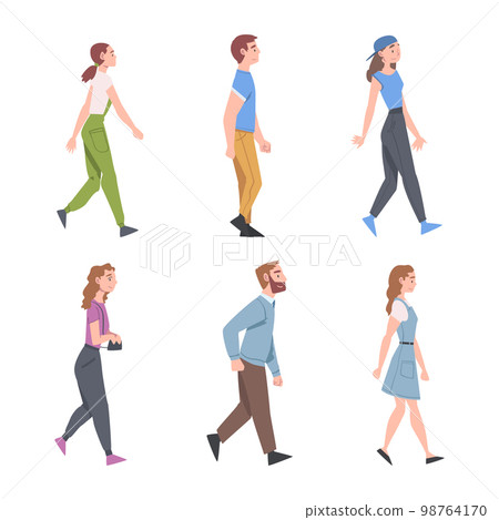 People Characters Going and Walking with Different Gait Side View Vector Illustration Set 98764170