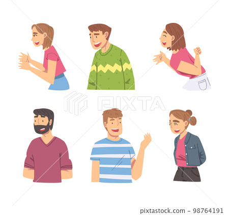 Amused Man and Woman Character Talking and Laughing Having Cheerful Mood Vector Set 98764191