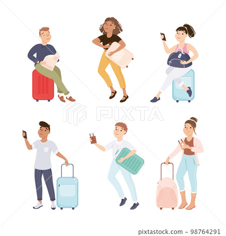 Man and Woman Tourist Character with Suitcase and Luggage Going on Journey Vector Set 98764291