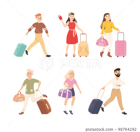Man and Woman Tourist Character with Suitcase and Luggage Going on Journey Vector Set 98764292