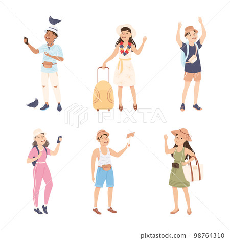 Man and Woman Tourist Character on Excursion or Sightseeing Tour with Bag and Camera Vector Set 98764310