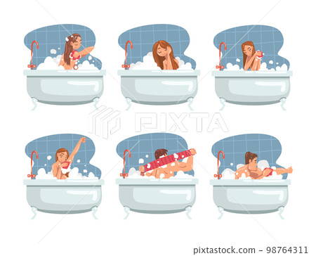 People Characters Bathing in the Bathtub Scrubbing Their Body with Soap and Shower Puff Vector Illustration Set 98764311