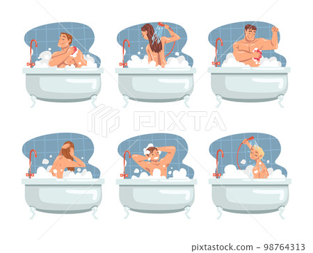 People Characters Bathing in the Bathtub Scrubbing Their Body with Soap and Shower Puff Vector Illustration Set 98764313