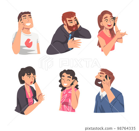 Young Man and Woman Speaking Phone Talking to Someone Vector Set Young Man and Woman Speaking Phone Talking to Someone Vector Set 98764335