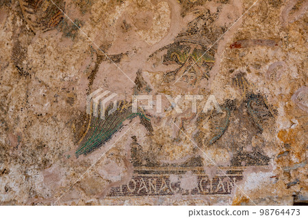 Remains of wall mosaics in ruined building in Turkish city of Anemurium 98764473