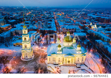 Aerial view of Spassky Cathedral in Penza in winter twilight, Russia Aerial view of Spassky Cathedral in Penza in winter twilight, Russia 98764481