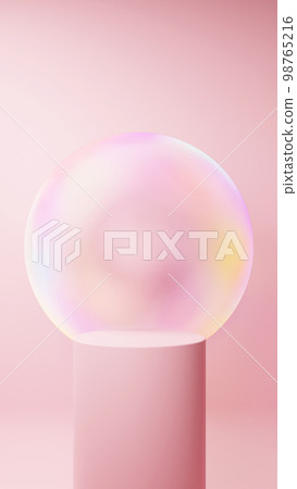 Pedestal on light pink background. Soap bubble background. (Vertical) Pedestal on light pink background. Soap bubble background. (Vertical) 98765216