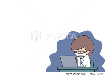一個加班費力的男人的插圖，一個戴眼鏡的男人，一個案頭工作，一個空白的空間，身體狀況不佳，一個面具 98765705