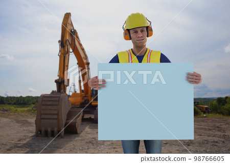construction site worker holding white board showing advertisement excavator digger hard hat yellow bib 3D illustration 98766605