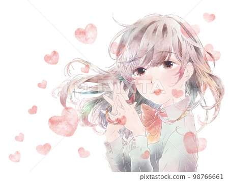 A girl who folds her hands in front of her chest / expressionless / with heart 98766661