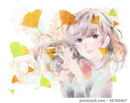A girl who folds her hands in front of her chest / crying face / with ginkgo / yellow background 98766867