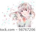 A girl who folds her hands in front of her chest/smile/cherry blossoms/white background 98767206