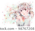 A girl who folds her hands in front of her chest / Expressionless / Sakura / Pastel background 98767208