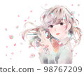 A girl who folds her hands in front of her chest / Expressionless / Sakura / White background 98767209