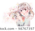 A girl who folds her hands in front of her chest / smile / pink background 98767397