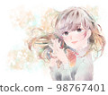 A girl who folds her hands in front of her chest / crying face / yellow background 98767401