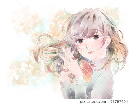 A girl who folds her hands in front of her chest/smile/yellow background 98767404