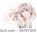 A girl who folds her hands in front of her chest / expressionless / pink background 98767405