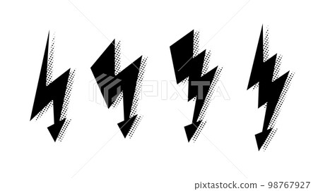 Comic lightning bolt set. Black grunge thunderbolt collection. Halftone texture flash symbols. lightning strike signs. Vector Comic lightning bolt set. Black grunge thunderbolt collection. Halftone texture flash symbols. lightning strike signs. Vector 98767927