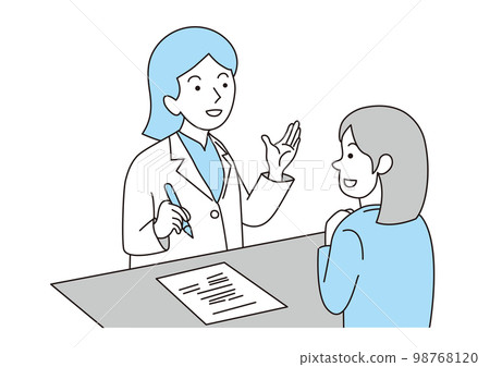 A female doctor explaining treatment to a female patient A female doctor explaining treatment to a female patient 98768120