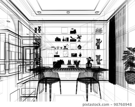sketch design of interior working room, 3d rendering 98768948