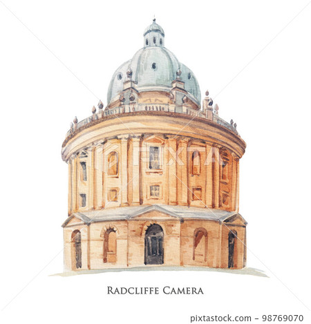 Beautiful stock illustration with hand drawn watercolor old building. Historical site Oxford Radcliffe camera. Beautiful stock illustration with hand drawn watercolor old building. Historical site Oxford Radcliffe camera. 98769070
