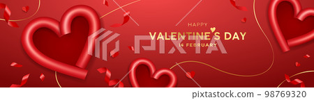 Happy Valentine's day, read heart shape and red ribbon with gold lines, banner design 98769320