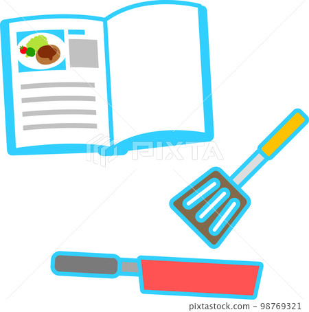 recipe book and frying pan, cooking 98769321