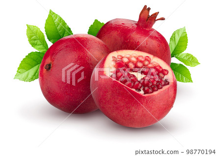 pomegranate fruit with leaves isolated on a white background 98770194