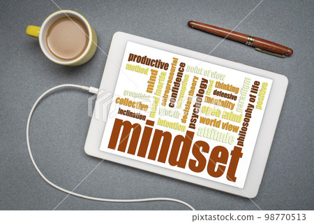 mindset word cloud on a digital tablet, attitude and personal development concept mindset word cloud on a digital tablet, attitude and personal development concept 98770513
