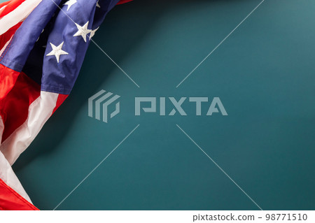 Above flag of United States American with copy space, Presidents Day, Top view USA flag for Memorial day on abstract blue background, Banner template design of presidents day concept 98771510