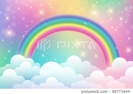 Fantasy unicorn background with clouds on rainbow sky. Magical landscape, abstract fabulous wallpaper with stars and sparkles. Arched realistic spectrum. Vector. Fantasy unicorn background with clouds on rainbow sky. Magical landscape, abstract fabulous wallpaper with stars and sparkles. Arched realistic spectrum. Vector. 98771644