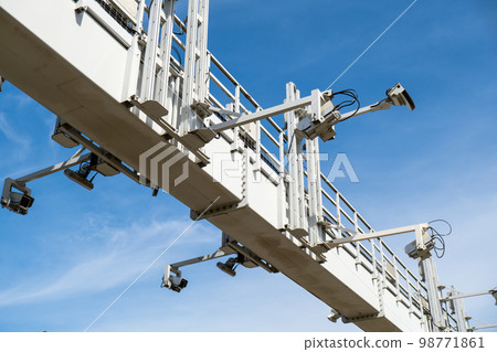 Close-up Of Security Camera On The Street. Multi-angle CCTV on pillar 360 degree system background blast cipping path operating over the road monitoring system of blue sky 98771861