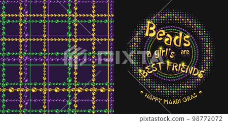 Set of round ornament, seamless tartan pattern for Mardi gras carnival decoration. String of green, yellow, purple beads, text on dark background. For prints, girls clothing, t shirt, holiday goods 98772072