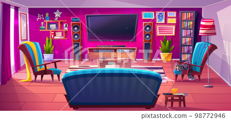 Living room with tv set, game console, furniture 98772946