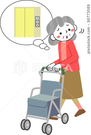 Senior woman looking for an elevator while pushing a silver car Senior woman looking for an elevator while pushing a silver car 98773089