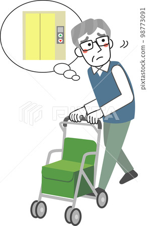 Senior man looking for an elevator while pushing a silver car 98773091