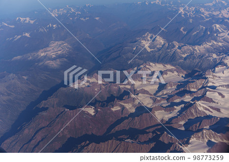 View from the plane to the surface of the earth with a mountain landscape of the Himalayas at Ladakh, India View from the plane to the surface of the earth with a mountain landscape of the Himalayas at Ladakh, India 98773259