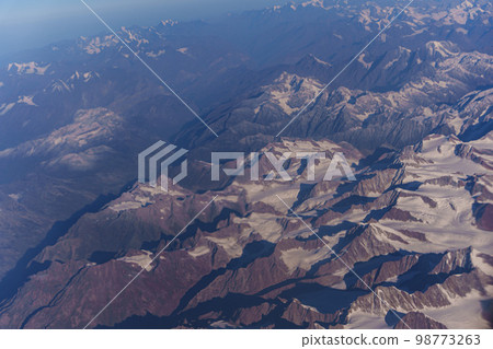 View from the plane to the surface of the earth with a mountain landscape of the Himalayas at Ladakh, India 98773263