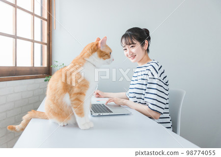 Women who work with cats and pets at home (work from home, telework, remote work, nekohara) 98774055