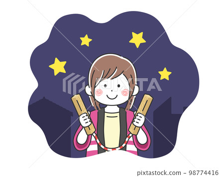 Illustration of a young woman watching out for fire at night Illustration of a young woman watching out for fire at night 98774416